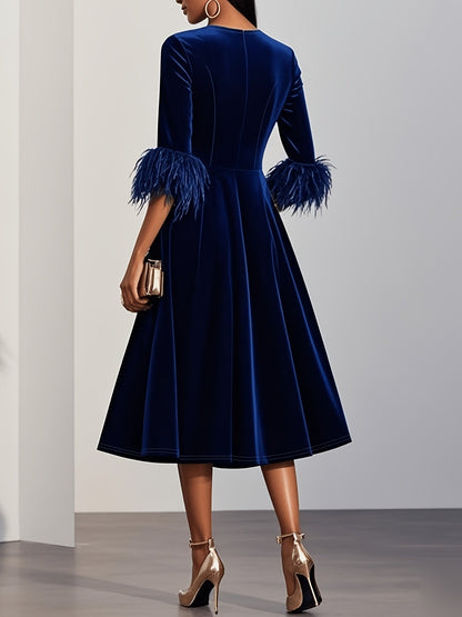 Effortless Velvet Semi Formal Dress for Women with Round Neck Feather Trim Sleeve Flared Midi Occasion Style