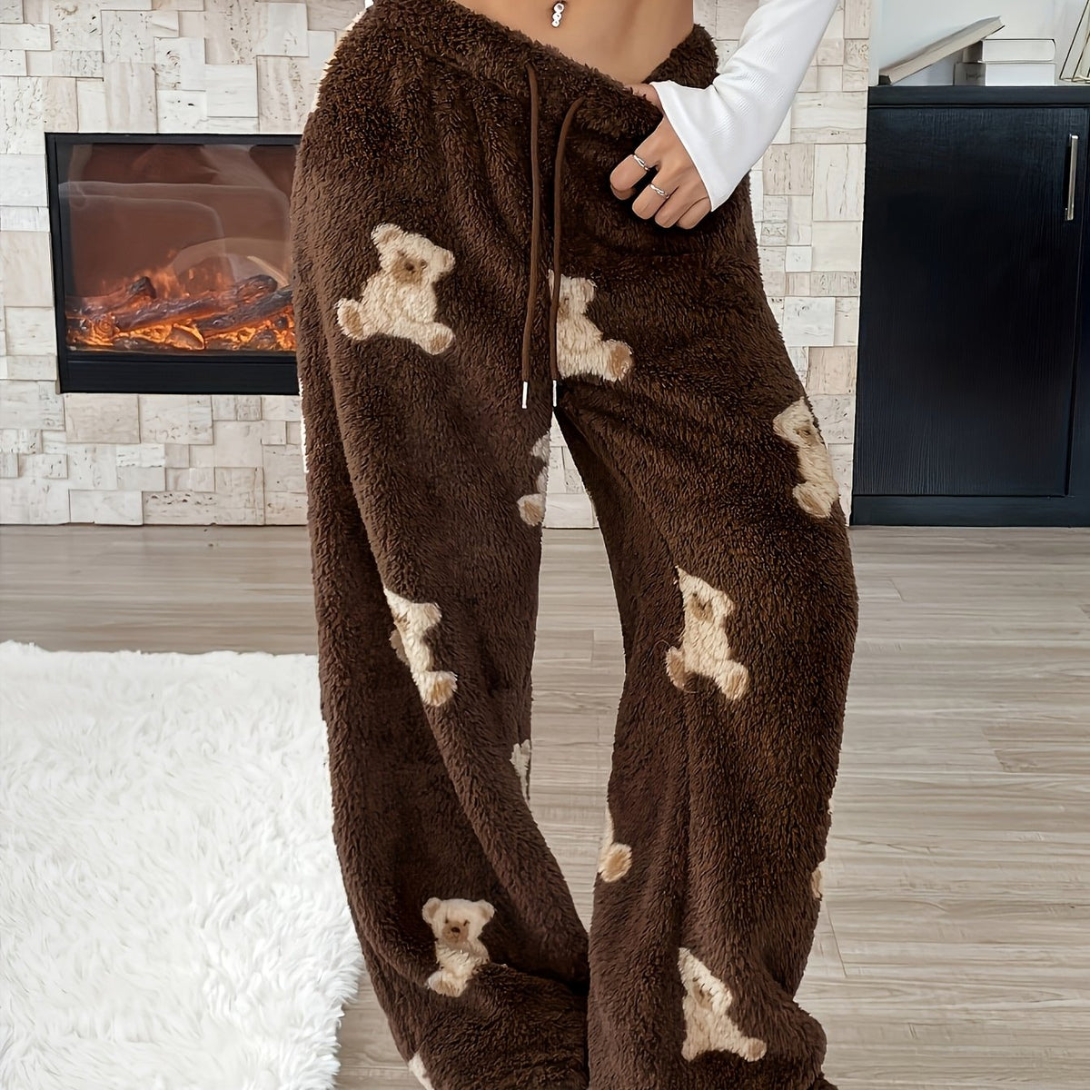 Warm Brown Teddy Bear Sweatpants for Women with Elastic Drawstring Wide Leg Plush Fleece Loungewear Style
