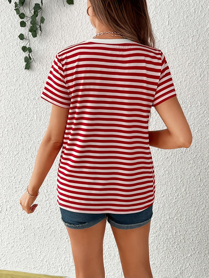 Comfortable Red Striped Maternity Top for Women with Crew Neck Short Sleeve Relaxed Casual Style