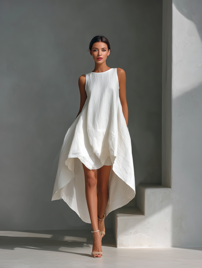 Effortless Linen High Low Dress for Women with Round Neck Sleeveless Flowing Asymmetrical Style