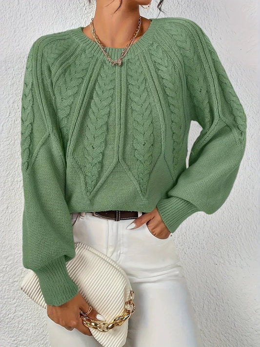 Warm Cable Knit Sweater for Women with V Neck Balloon Sleeve Chunky Easy Knit Style