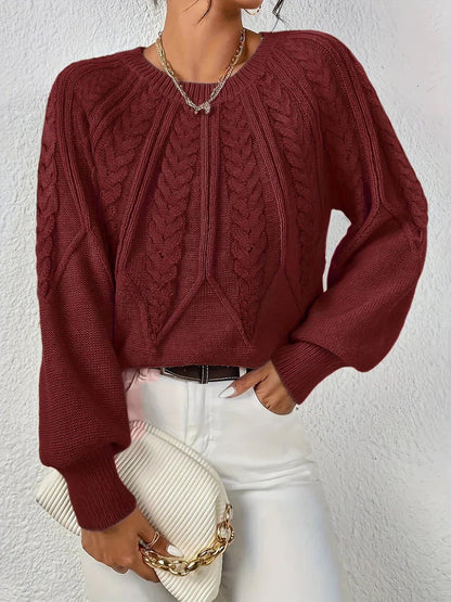 Warm Cable Knit Sweater for Women with V Neck Balloon Sleeve Chunky Easy Knit Style
