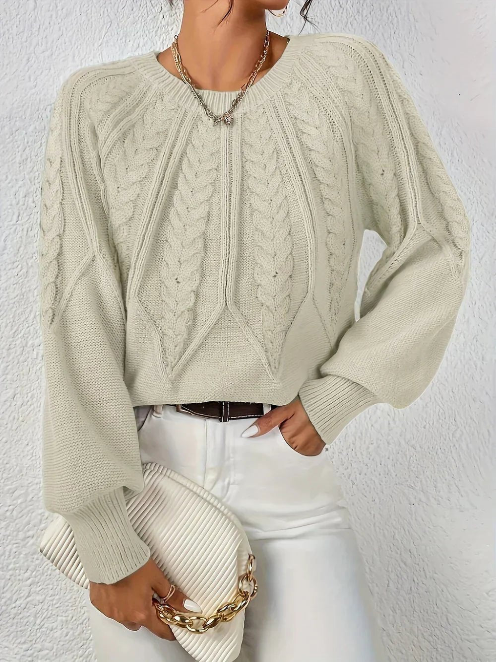 Warm Cable Knit Sweater for Women with V Neck Balloon Sleeve Chunky Easy Knit Style