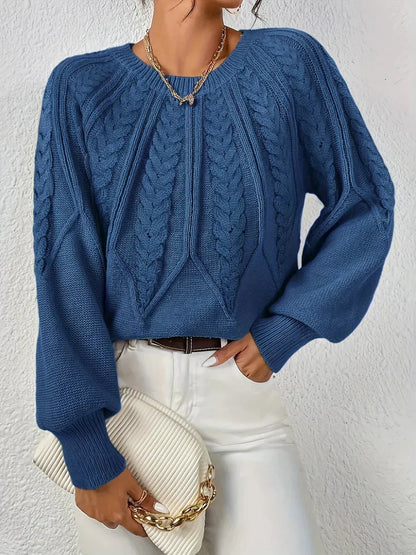 Warm Cable Knit Sweater for Women with V Neck Balloon Sleeve Chunky Easy Knit Style