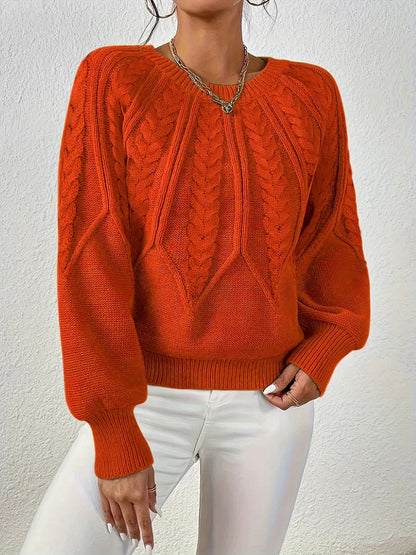 Warm Cable Knit Sweater for Women with V Neck Balloon Sleeve Chunky Easy Knit Style