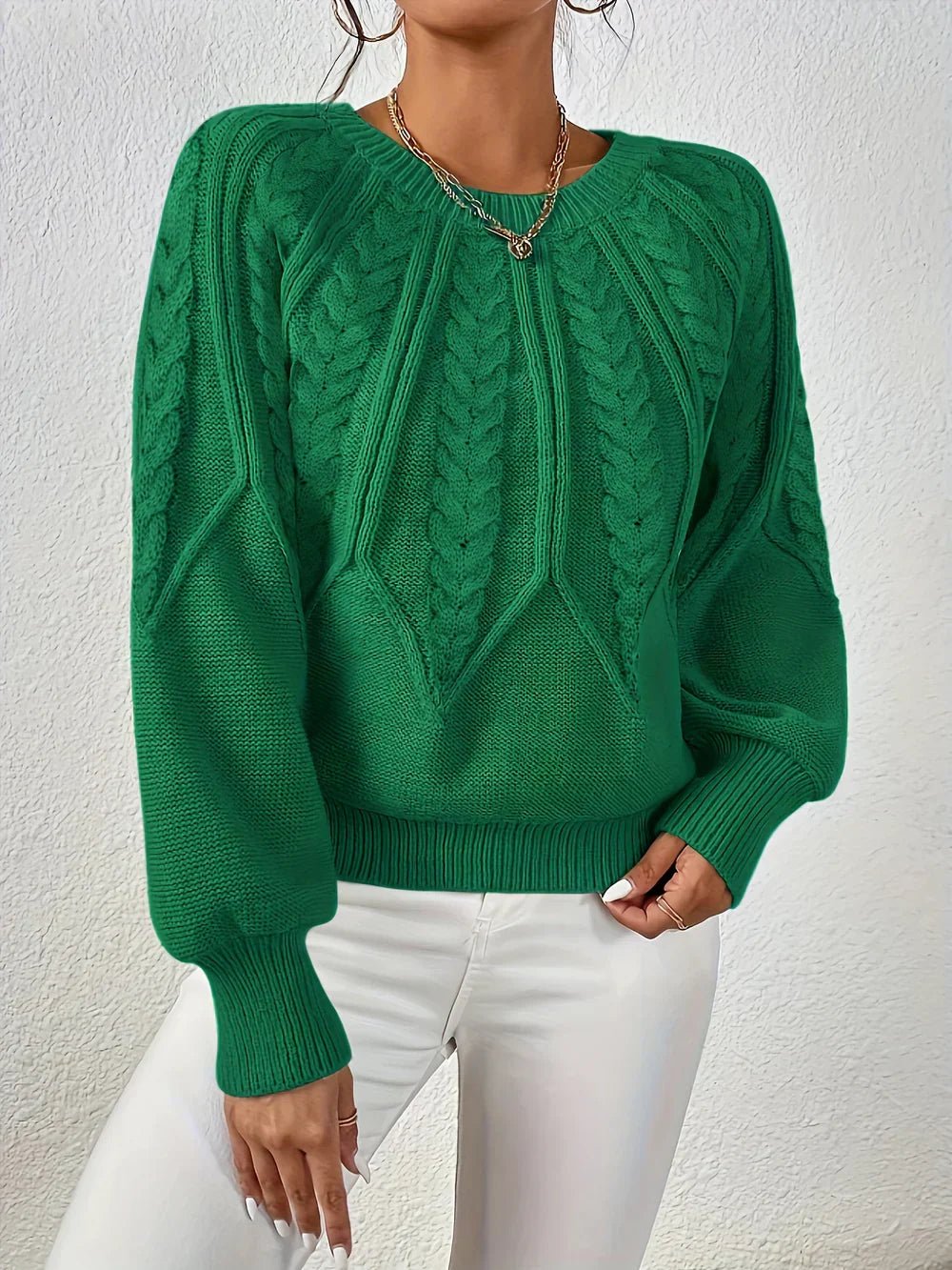 Warm Cable Knit Sweater for Women with V Neck Balloon Sleeve Chunky Easy Knit Style