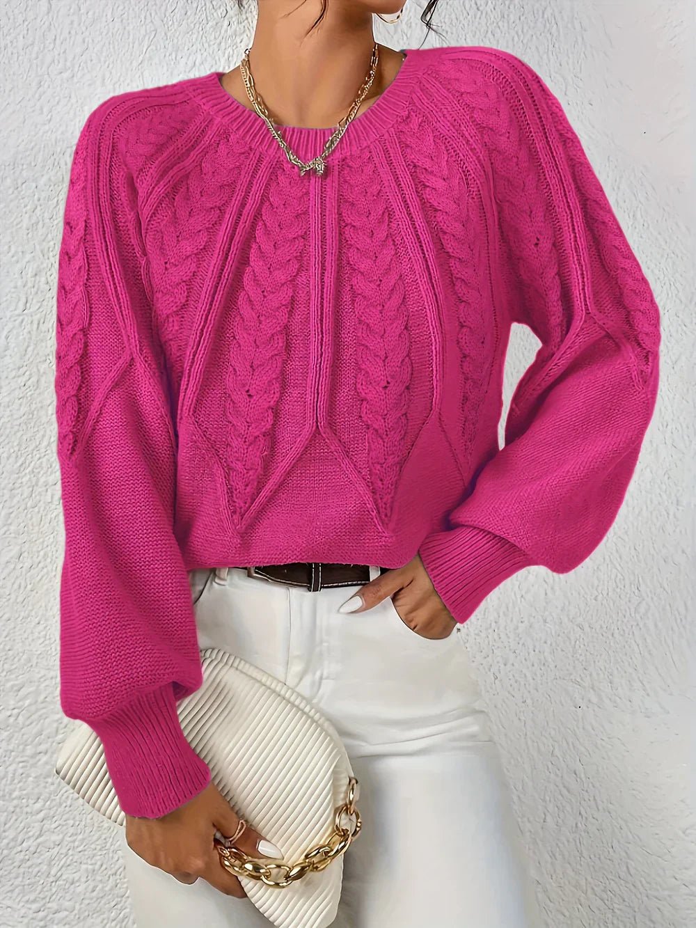 Warm Cable Knit Sweater for Women with V Neck Balloon Sleeve Chunky Easy Knit Style