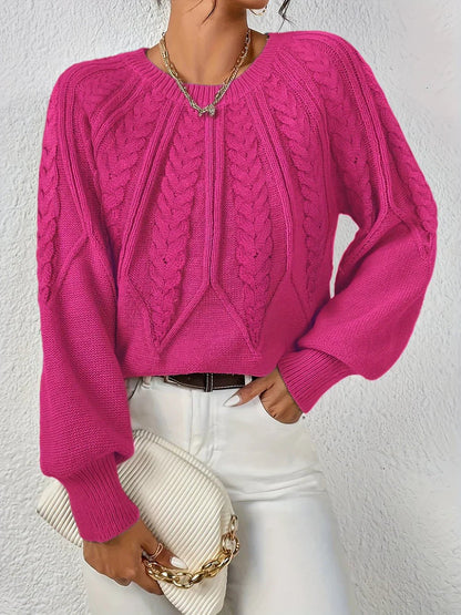 Warm Cable Knit Sweater for Women with V Neck Balloon Sleeve Chunky Easy Knit Style