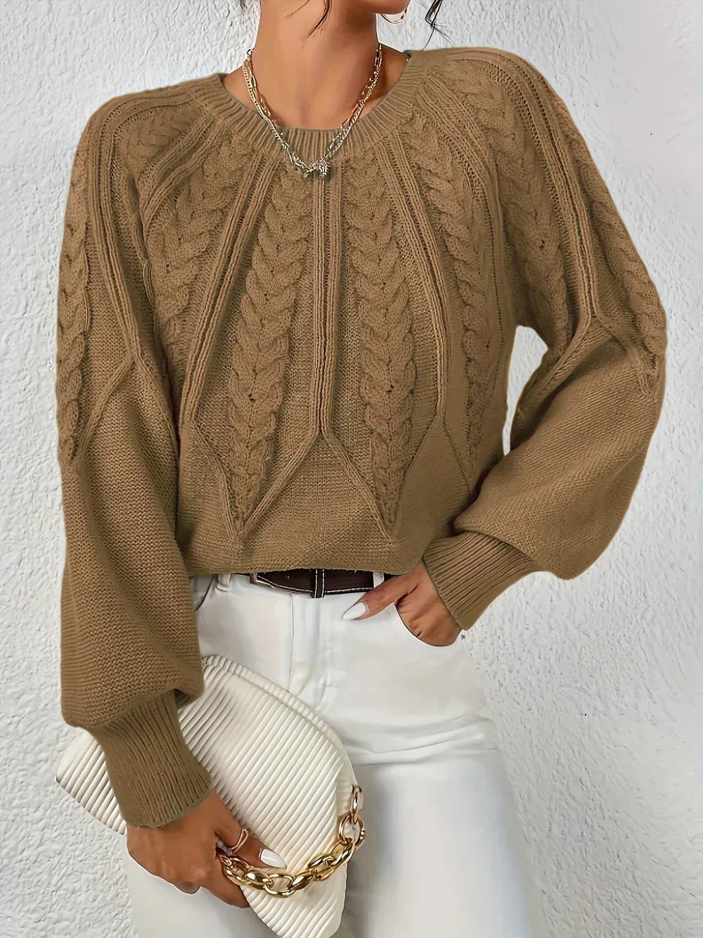 Warm Cable Knit Sweater for Women with V Neck Balloon Sleeve Chunky Easy Knit Style