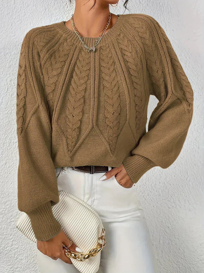 Warm Cable Knit Sweater for Women with V Neck Balloon Sleeve Chunky Easy Knit Style