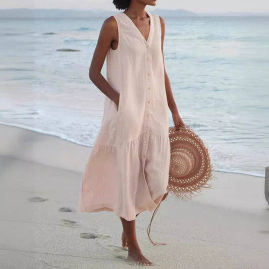 Effortless Linen Button Front Maxi Dress for Women with V Neck Sleeveless Tiered Ruffle Hem Flowing Style