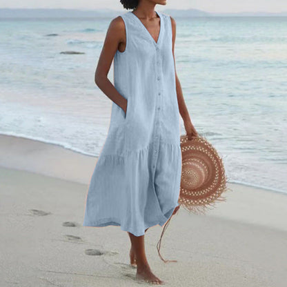 Effortless Linen Button Front Maxi Dress for Women with V Neck Sleeveless Tiered Ruffle Hem Flowing Style
