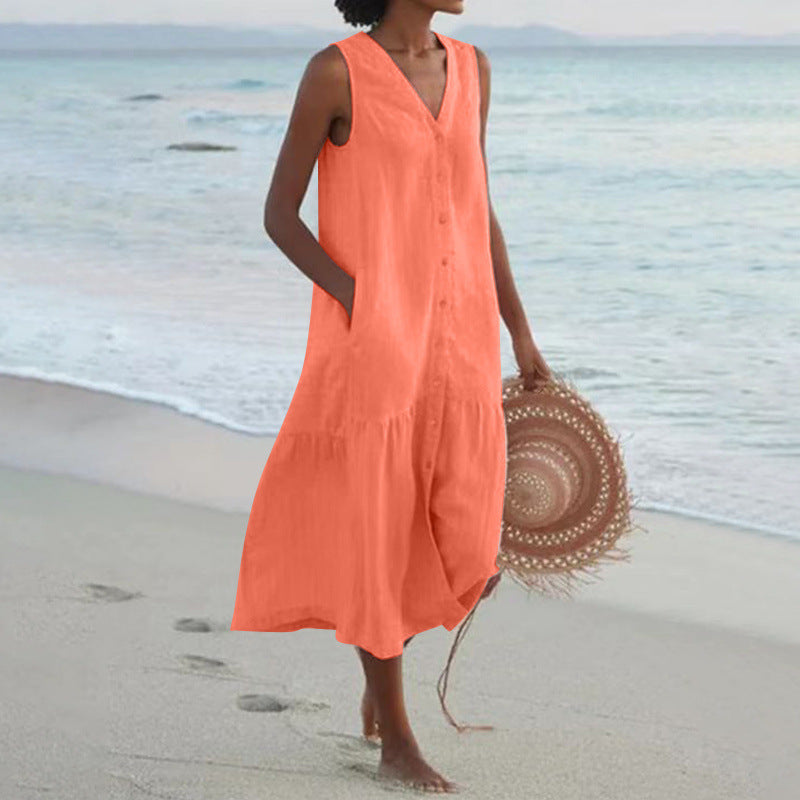 Effortless Linen Button Front Maxi Dress for Women with V Neck Sleeveless Tiered Ruffle Hem Flowing Style