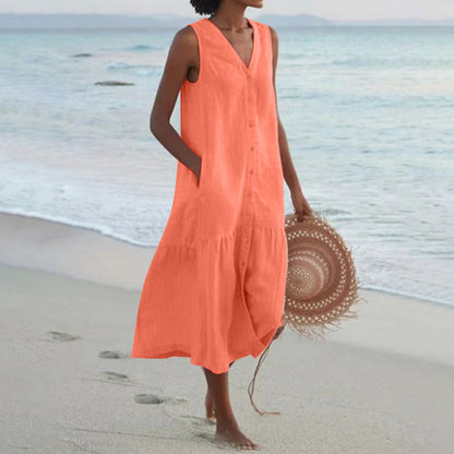 Effortless Linen Button Front Maxi Dress for Women with V Neck Sleeveless Tiered Ruffle Hem Flowing Style