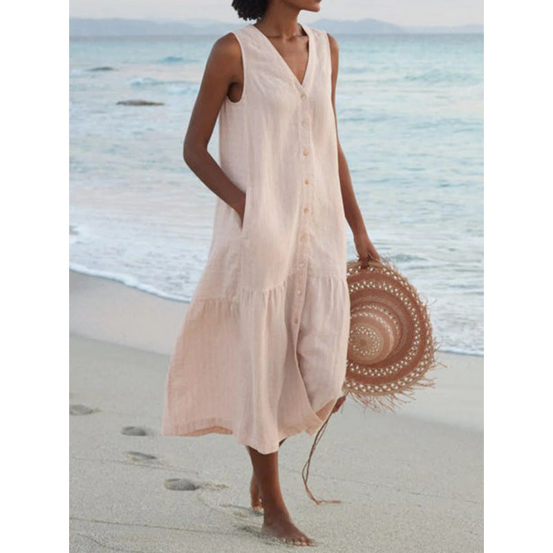 Effortless Linen Button Front Maxi Dress for Women with V Neck Sleeveless Tiered Ruffle Hem Flowing Style