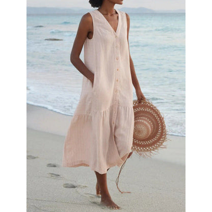 Effortless Linen Button Front Maxi Dress for Women with V Neck Sleeveless Tiered Ruffle Hem Flowing Style