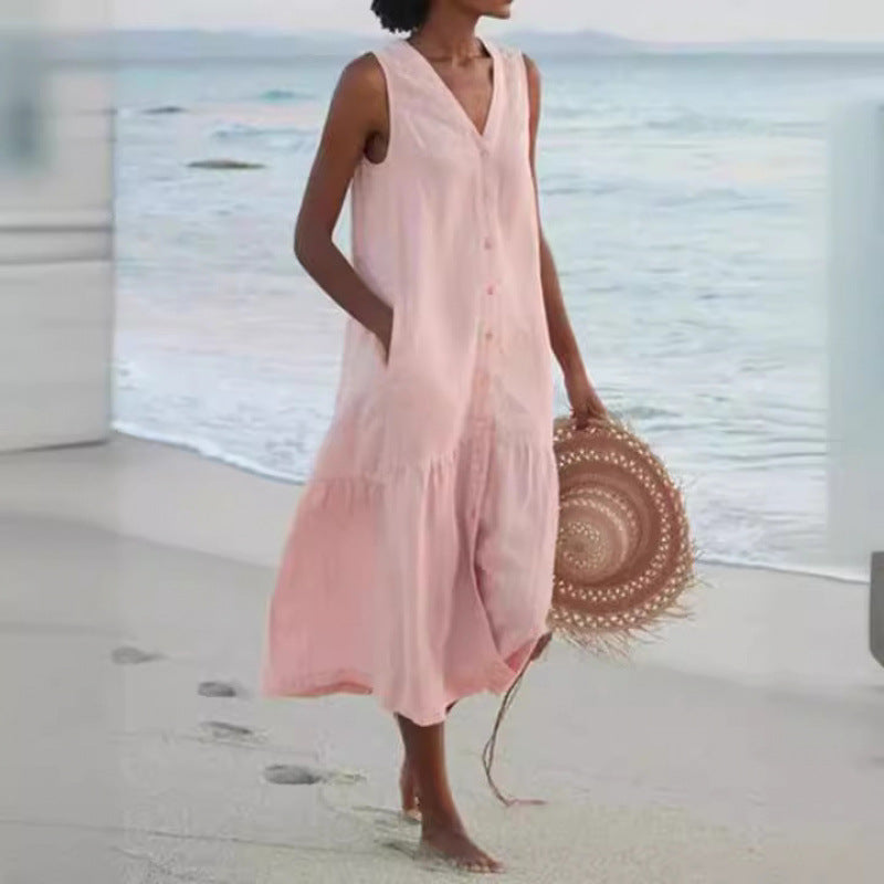 Effortless Linen Button Front Maxi Dress for Women with V Neck Sleeveless Tiered Ruffle Hem Flowing Style