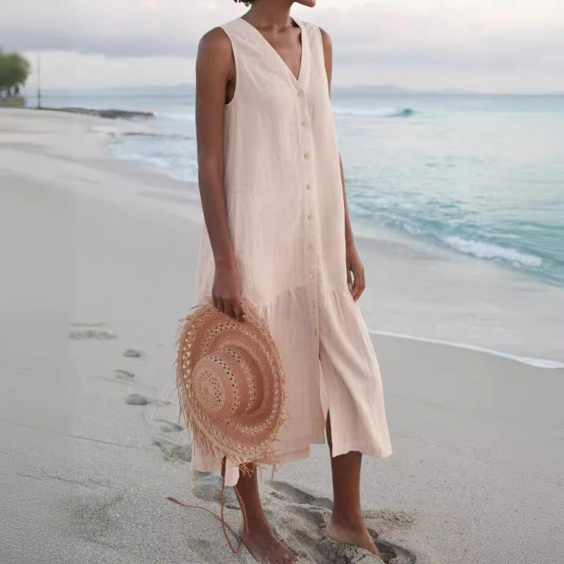 Effortless Linen Button Front Maxi Dress for Women with V Neck Sleeveless Tiered Ruffle Hem Flowing Style