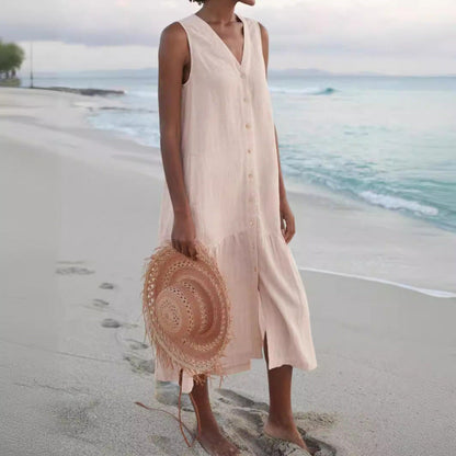 Effortless Linen Button Front Maxi Dress for Women with V Neck Sleeveless Tiered Ruffle Hem Flowing Style