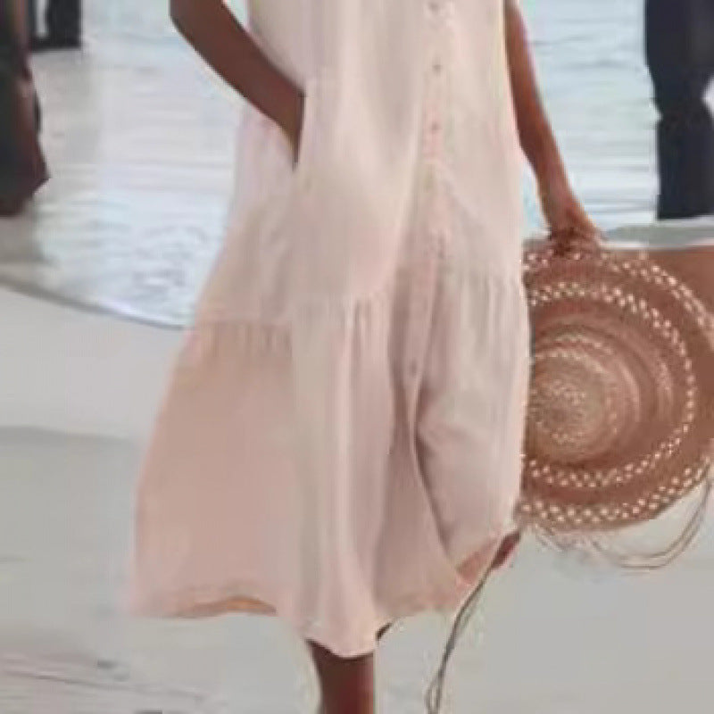 Effortless Linen Button Front Maxi Dress for Women with V Neck Sleeveless Tiered Ruffle Hem Flowing Style