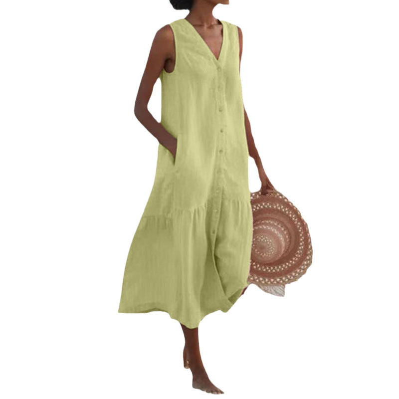 Effortless Linen Button Front Maxi Dress for Women with V Neck Sleeveless Tiered Ruffle Hem Flowing Style