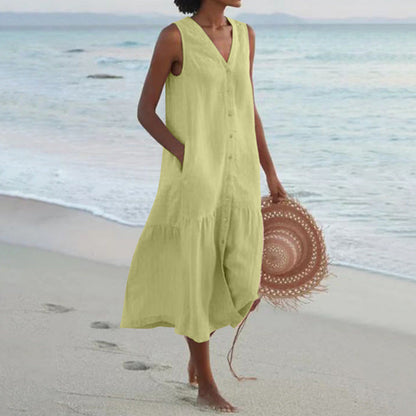 Effortless Linen Button Front Maxi Dress for Women with V Neck Sleeveless Tiered Ruffle Hem Flowing Style