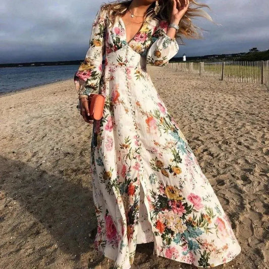 Effortless White Floral Maxi Dress for Women with V Neck Long Sleeve Button Front Flowing Bohemian Style