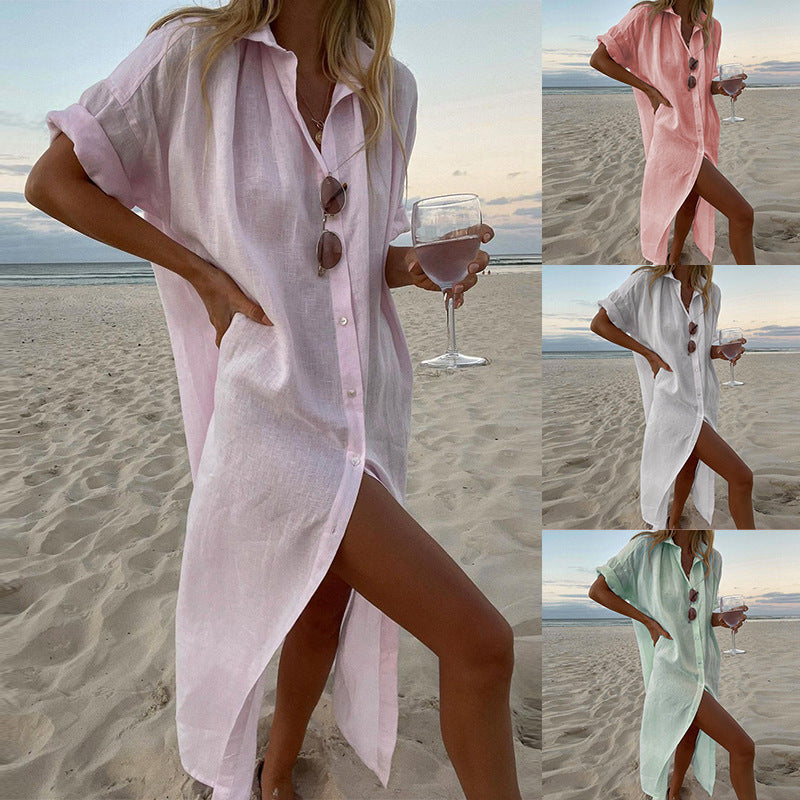Effortless Linen Shirt Dress for Women with Collar Short Sleeve Button Front Side Slit Beach Style