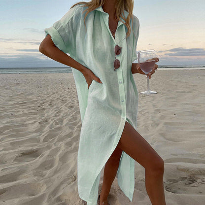 Effortless Linen Shirt Dress for Women with Collar Short Sleeve Button Front Side Slit Beach Style