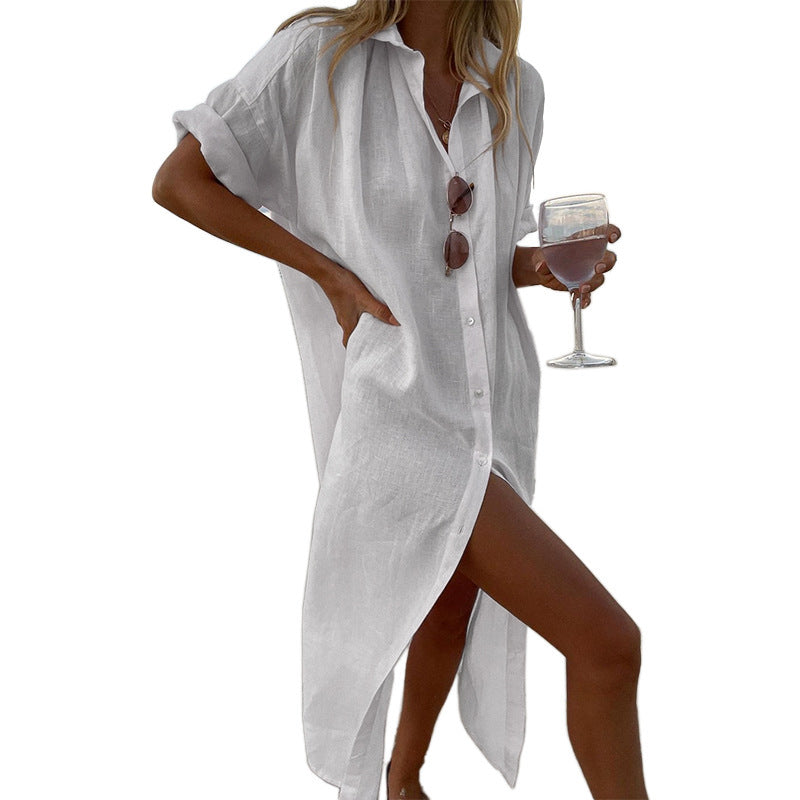 Effortless Linen Shirt Dress for Women with Collar Short Sleeve Button Front Side Slit Beach Style