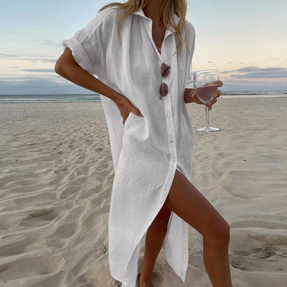 Effortless Linen Shirt Dress for Women with Collar Short Sleeve Button Front Side Slit Beach Style