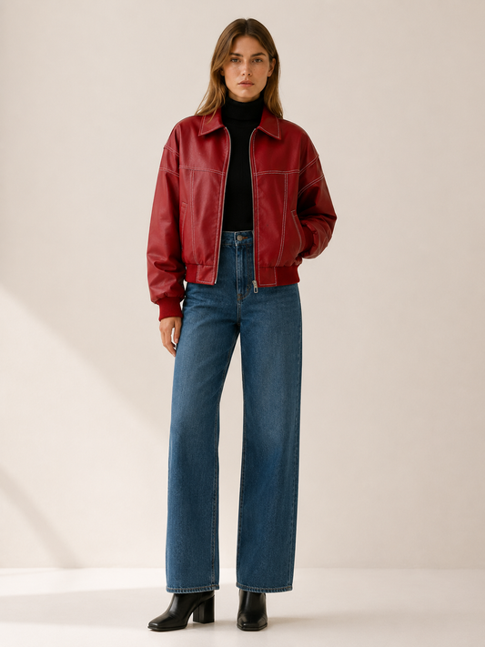 Statement Red Faux Leather Bomber Jacket for Women with Contrast Stitching Zip Front Ribbed Knit Biker Style