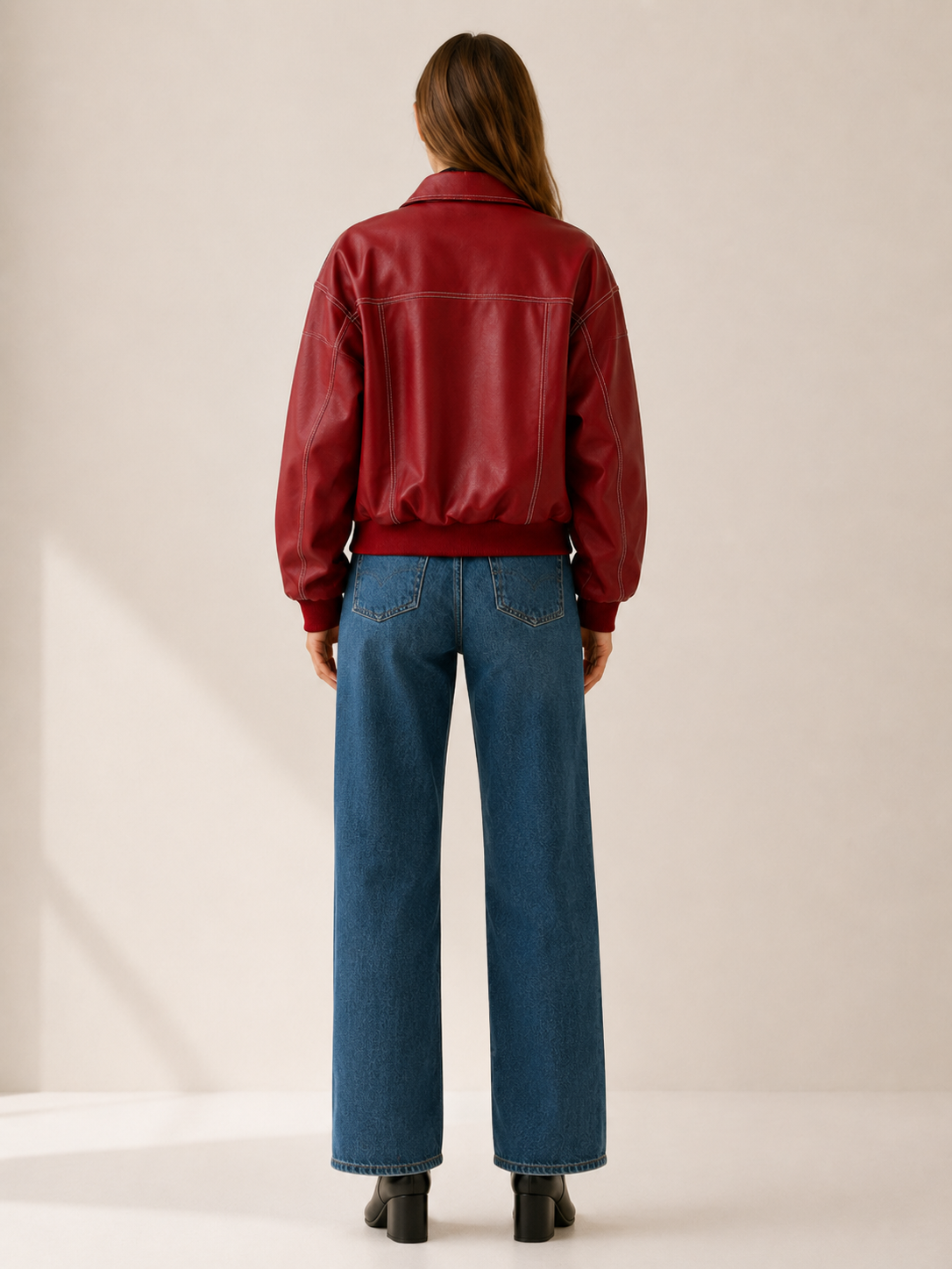 Statement Red Faux Leather Bomber Jacket for Women with Contrast Stitching Zip Front Ribbed Knit Biker Style