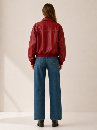 Statement Red Faux Leather Bomber Jacket for Women with Contrast Stitching Zip Front Ribbed Knit Biker Style