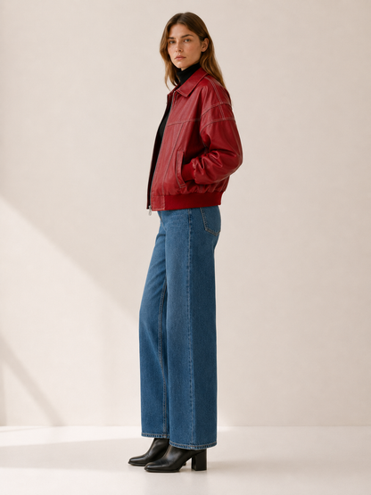 Statement Red Faux Leather Bomber Jacket for Women with Contrast Stitching Zip Front Ribbed Knit Biker Style