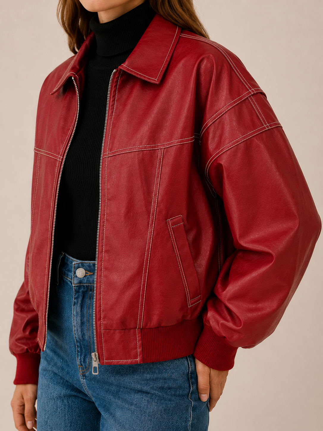 Statement Red Faux Leather Bomber Jacket for Women with Contrast Stitching Zip Front Ribbed Knit Biker Style