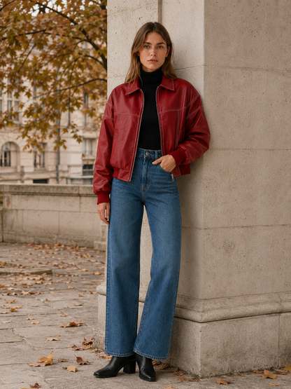 Statement Red Faux Leather Bomber Jacket for Women with Contrast Stitching Zip Front Ribbed Knit Biker Style
