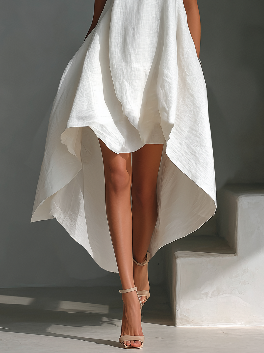 Effortless Linen High Low Dress for Women with Round Neck Sleeveless Flowing Asymmetrical Style