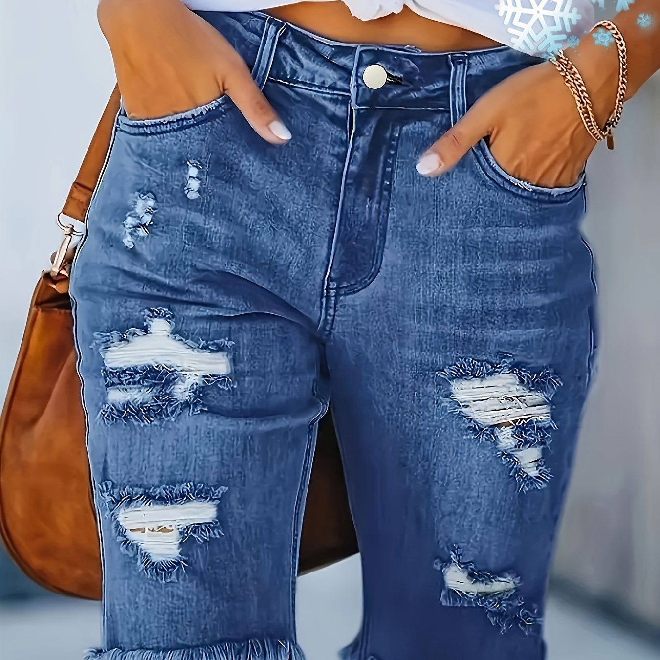 Comfortable Distressed Denim Bermuda Shorts for Women with High Waist Frayed Hem Stretch Casual Style
