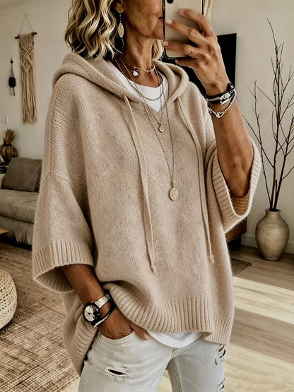 Easy Knit Oversized Hoodie for Women with Hooded Neck Half Sleeve Batwing Easy Style