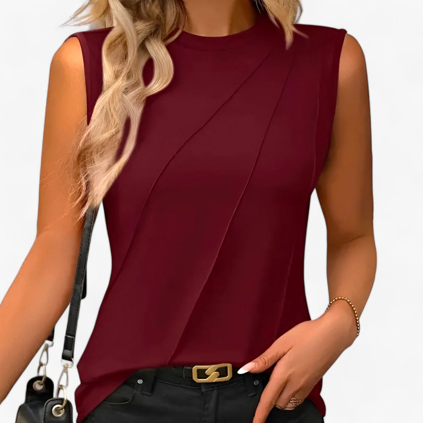 Effortless Draped Blouse for Women with Mock Neck Sleeveless Asymmetrical Pleat Tank Style