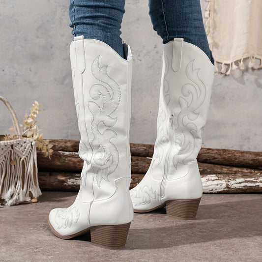 Modern White Western Boots for Women with Embroidered Shaft Block Heel Tall Cowboy Style