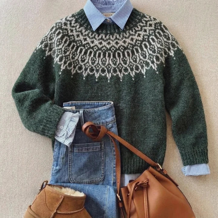 Warm Dark Green Fair Isle Knit Sweater for Women with Round Neck Long Sleeve Nordic Pullover Cold Weather Style