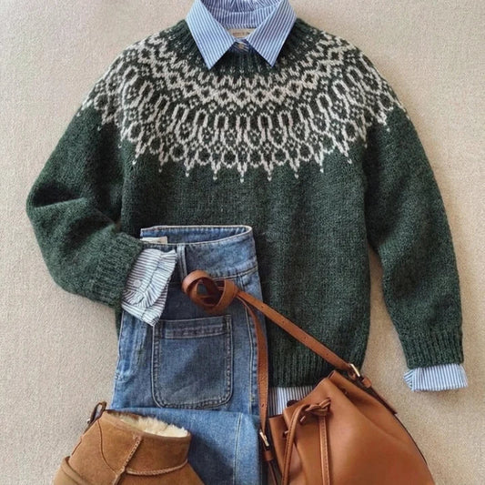 Warm Dark Green Fair Isle Knit Sweater for Women with Round Neck Long Sleeve Nordic Pullover Cold Weather Style