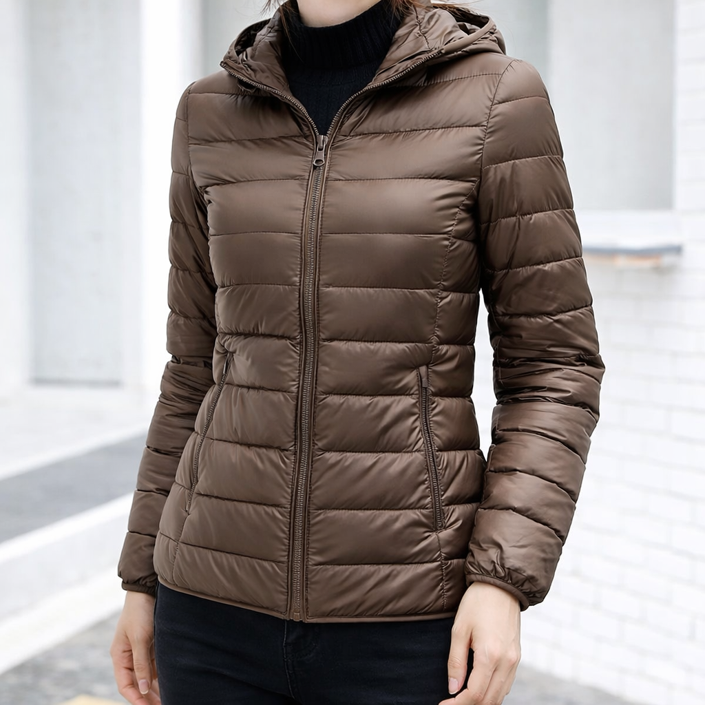 Refined Hooded Puffer Jacket for Women with Front Zip Lightweight Quilted Insulated Packable Cold Weather Style