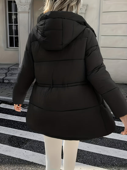 Warm Padded Ski Jacket for Women with Hooded Long Sleeve Elastic Drawstring Zip Pocket Style