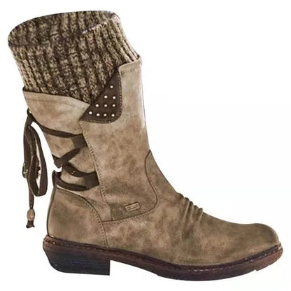 Comfortable Suede Rainproof Boots for Women with Knit Cuff Lace Up Chunky Heel Winter Style