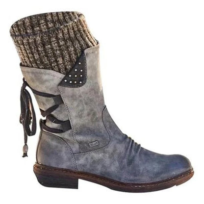 Comfortable Suede Rainproof Boots for Women with Knit Cuff Lace Up Chunky Heel Winter Style