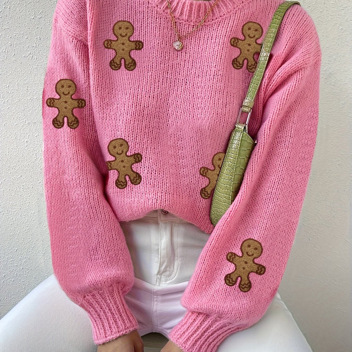 Warm Pink Gingerbread Christmas Tacky Sweater for Women with Round Neck Long Sleeve Knit Pullover Festive Style