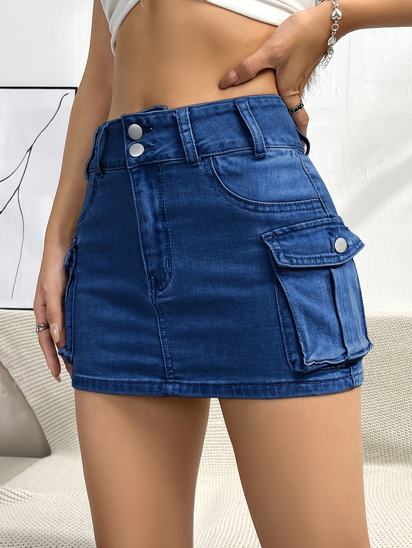 Effortless Denim Cargo Mini Skirt for Women with High Waist Button Front Pocket Detail Casual Style